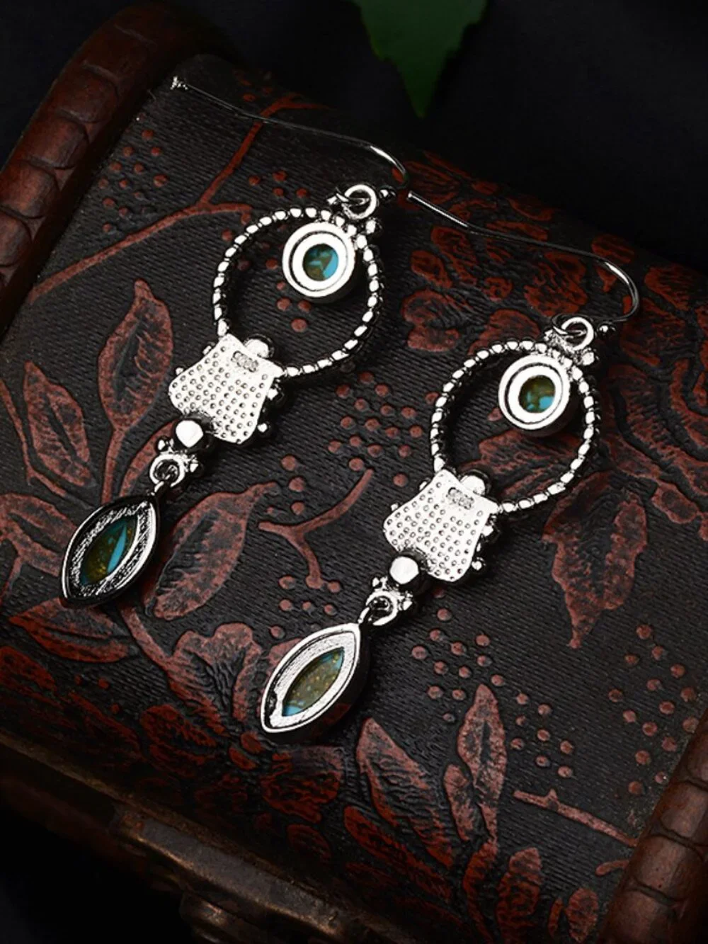 Silver Tone Vintage Open Circle Turquoise Inlay Dangle Hook Earrings Boho Tribal
